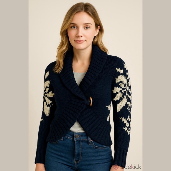 American Eagle Outfitters Sweaters - American Eagle Navy Blue and Cream Knit Sweater Size Medium Shawl Collar Vintage